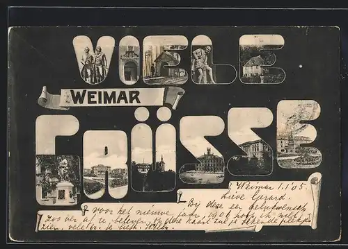 Passepartout-AK Weimar, Denkmäler Goethe und Schiller, Historische Gebäude