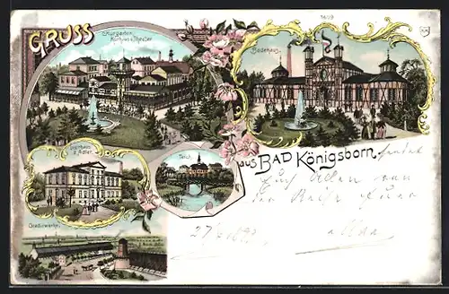 Lithographie Bad Königsborn, Gradirwerke, Badehaus, Kurhaus mit Garten