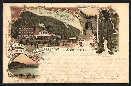 Lithographie Goslar a. Harz, Restaurant und Pension Gosewaserfall, Stollenpfad i. Weinbergstieg, Herzberger Teich