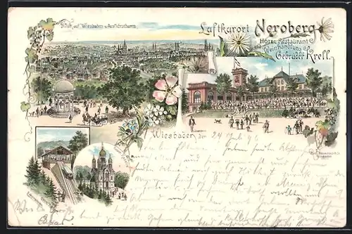 Lithographie Wiesbaden, Hotel-Restaurant und Weinhandlung Gebrüder Krell auf dem Neroberg, Griechische Kapelle