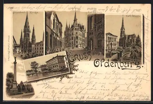 Lithographie Oldenburg, Augusteum u. Grossherzolgl. Palast, Strassenpartie mit Rathaus, Kirchen