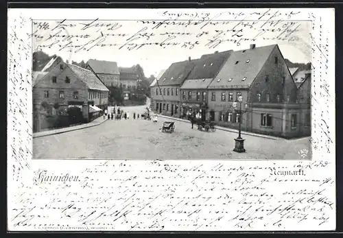 AK Hainichen, Partie am Neumarkt, mit Kindergruppe, Fuhrwerk und Gasthof