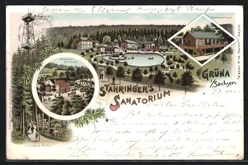 Lithographie Grüna /Sa., Gasthaus Restaurant Bad Grüna, Stahringers Sanatorium mit Teich aus der Vogelschau