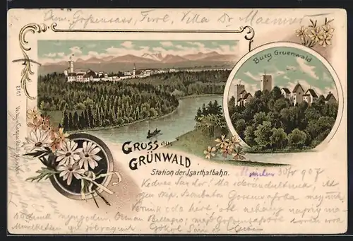 Lithographie Grünwald, Burg Grünwald, Ortsansicht mit Isar und Umgebung