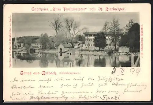 AK Ambach /Starnbergersee, Gasthaus zum Fischmeister M. Bierbichler mit Ortspanorama, vom Wasser gesehen