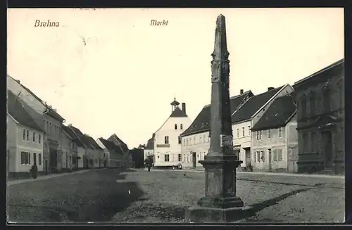 AK Brehna, Markt mit Obelisk und Gaststätte Rathskeller