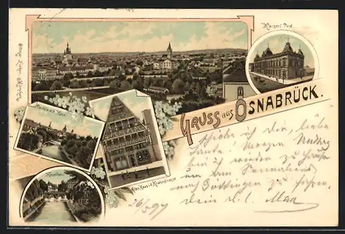 Lithographie Osnabrück, Ortsansicht, Partie an der Hase, Hasethor, Kaiserliche Post, altes Haus in der Krahnstrasse