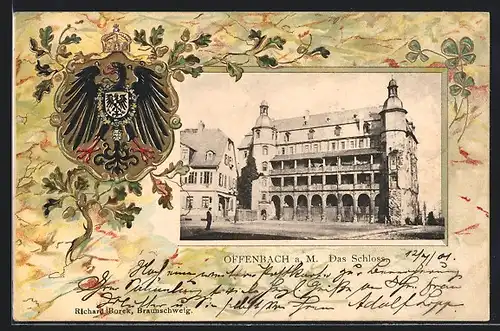 Passepartout-Lithographie Offenbach a. M., Blick auf das Schloss und Wappen