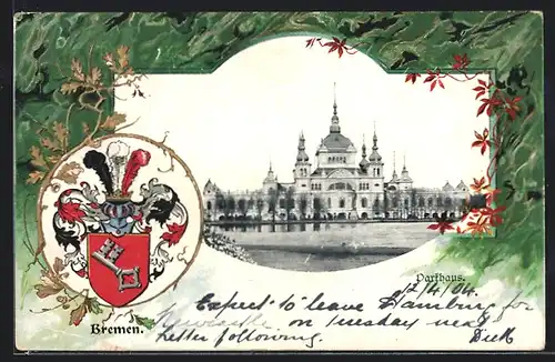 Passepartout-Lithographie Bremen, Parkhaus, Blick auf ein prächtiges Gebäude im Park, Wappen