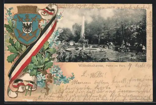 Passepartout-Lithographie Wilhelmshaven, Partie im Park und Wappen