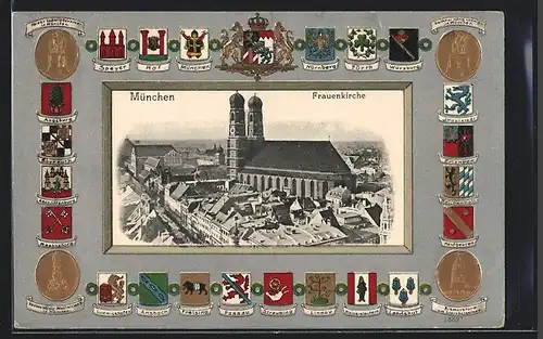 Passepartout-Lithographie München, Die Frauenkirche aus der Vogelschau, Stadtwappen Bayerns