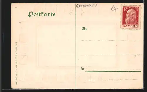 Passepartout-Lithographie München, Die Frauenkirche aus der Vogelschau, Stadtwappen Bayerns