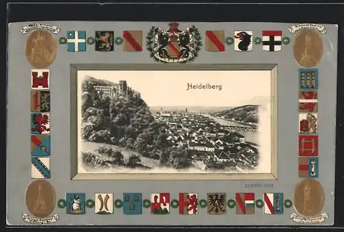 Passepartout-Lithographie Heidelberg, Stadtpanorama aus der Vogelschau, Wappen