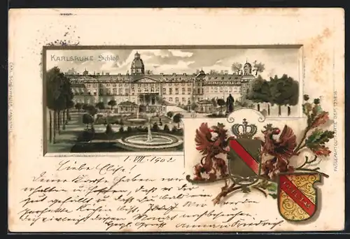 Passepartout-Lithographie Karlsruhe, Anblick des Schlosses, Wappen