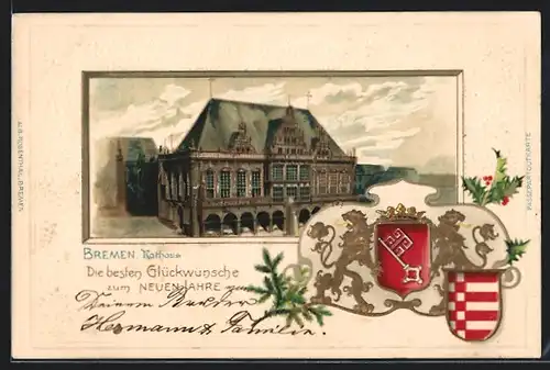 Passepartout-Lithographie Bremen, Rathaus und Wappen