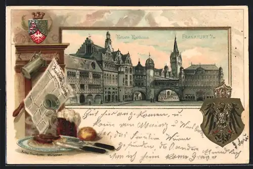 Passepartout-Lithographie Frankfurt a. Main, Blick auf das Neue Rathaus, Wappen
