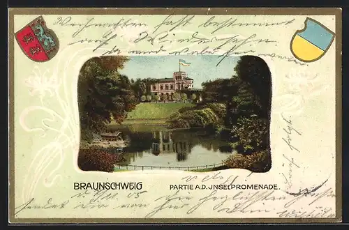 Passepartout-Lithographie Braunschweig, Partie a. d. Inselpromenade, Wappen