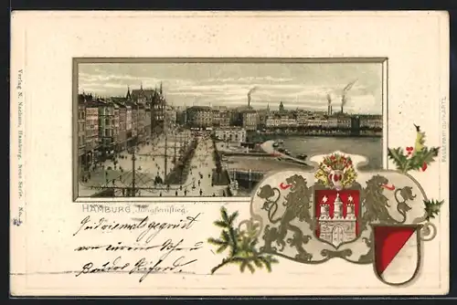 Passepartout-Lithographie Hamburg-Neustadt, Jungfernstieg mit Booten, Wappen