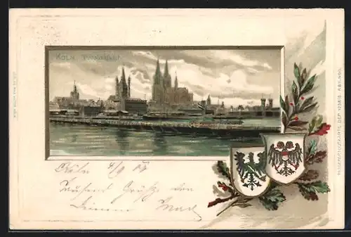 Passepartout-Lithographie Köln, Totalansicht mit Brücke, Wappen