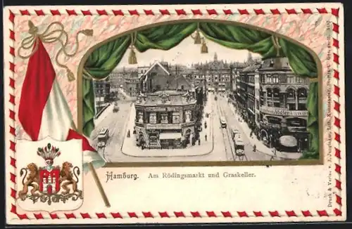 Passepartout-Lithographie Hamburg, Am Rödingsmarkt und Graskeller, Wappen und Strassenbahn