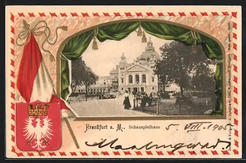 Passepartout-Lithographie Frankfurt a. Main, Partie vor dem Schauspielhaus, Wappen