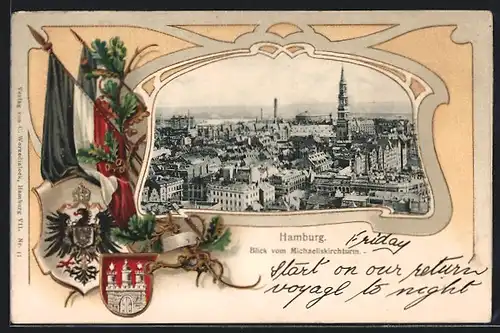 Passepartout-Lithographie Hamburg-Neustadt, Blick vom Michaeliskirchturm, Stadt-und Reichswappen, Nationalflagge