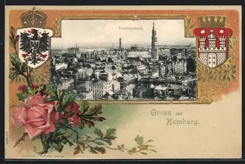 Passepartout-Lithographie Hamburg, Totalansicht der Hansestadt, Wappen