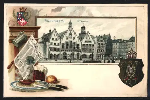 Passepartout-Lithographie Alt-Frankfurt, Partie am Römer, Stilleben mit Frankfurter Zeitung und Würstchen, Wappen