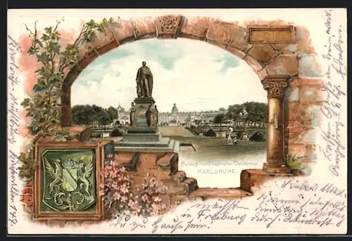 Passepartout-Lithographie Karlsruhe, Schloss mit Friedrichs-Denkmal, Wappen