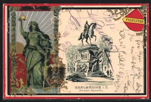 Lithographie Karlsruhe, Kaiser Denkmal, Frau mit Schwert, Wappen und Krone