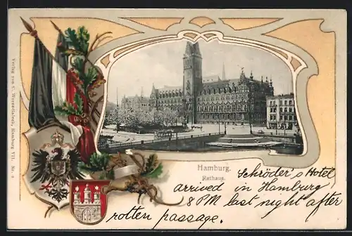 Passepartout-Lithographie Hamburg, Blick zum Rathaus, Wappen