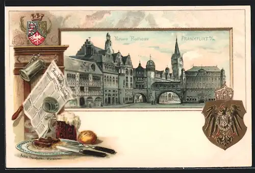 Passepartout-Lithographie Frankfurt a. Main, Ansicht des Neuen Rathauses, Wappen