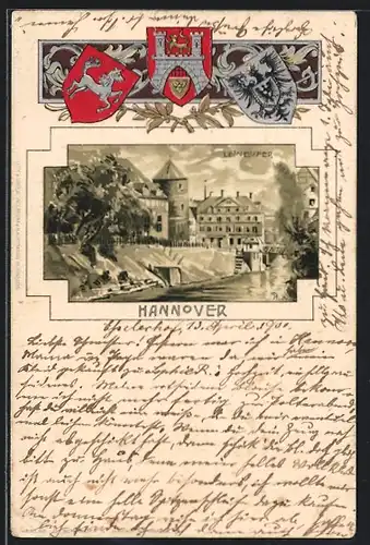 Lithographie Hannover, Motiv vom Leineufer und Wappen
