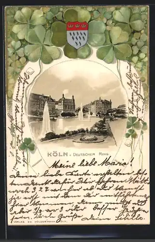 Passepartout-Lithographie Köln-Neustadt, Deutscher Ring mit Wasserfontänen im Hufeisen, Wappen