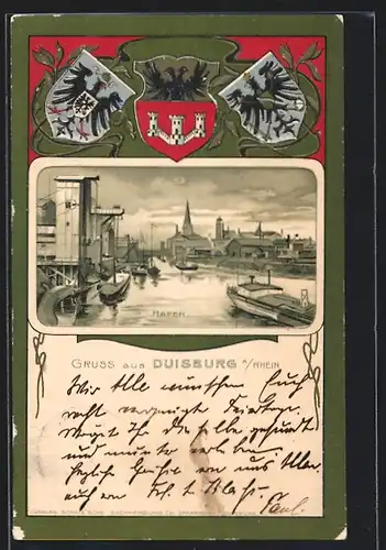 Passepartout-Lithographie Duisburg a. Rhein, Hafenpartie und Wappen