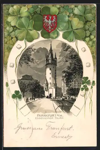 Passepartout-Lithographie Frankfurt a. M., Eschenheimer Turm mit Strassenpartie und Wappen