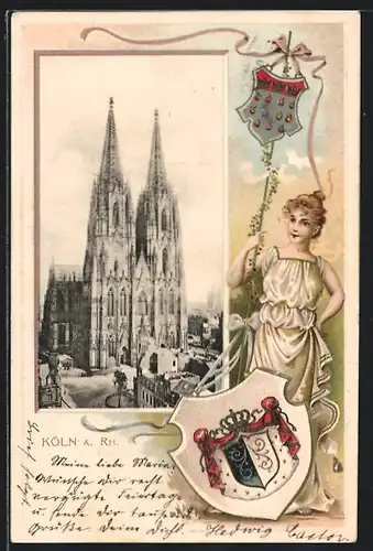Passepartout-Lithographie Köln a. Rh., Ansicht des Doms, Wappen