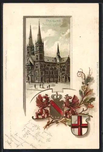 Passepartout-Lithographie Freiburg, Darstellung der Johanniskirche, Wappen