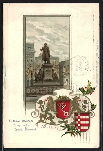 Passepartout-Lithographie Bremerhaven, Bürgermeister Smidt-Denkmal, Wappen