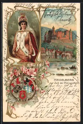 Passepartout-Lithographie Heidelberg, Pfalzgräfin, Wappen und Schloss Heidelberg