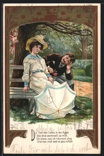 Künstler-AK Junge Dame mit Schirm auf einer Bank