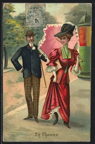 Künstler-AK Dame mit Schirm und Herr mit Spazierstock