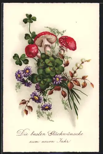 AK Ein frohes neues Jahr, Blumenstrauss mit Pilzen und Glücksklee