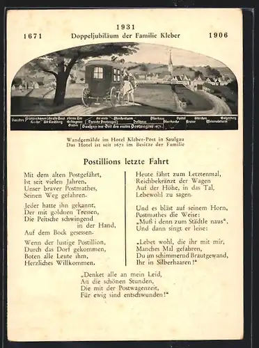 AK Postillons letzte Fahrt, Doppeljubiläum der Familie Kleber 1906, Postkutsche