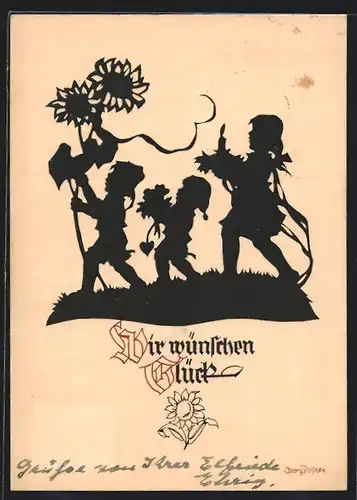 Künstler-AK Georg Plischke: Scherenschnitt drei Kinder wünschen Glück mit Sonnenblumen und Kerzen