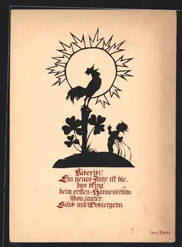 Künstler-AK Georg Plischke: Kleiner Engel und krähender Hahn