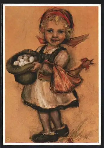 Künstler-AK Maria Spötl: Mädchen mit Sack voller Eier