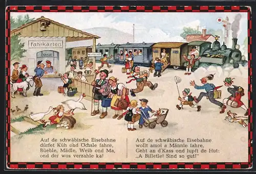 Künstler-AK Hans Boettcher: Schwäbische Eisebahne am Bahnhof
