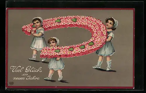 Künstler-AK Kinder mit Hufeisen aus Blumen