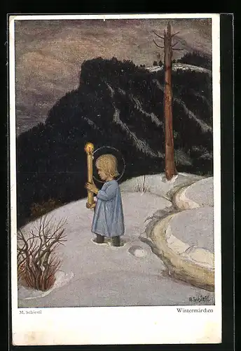 Künstler-AK Matthäus Schiestl: Wintermärchen, Heiliges Kind mit grosser Kerze läuft durch den Schnee